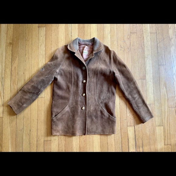 40s-50s Vintage Suede Coat with Knit Collar - Picture 6 of 15